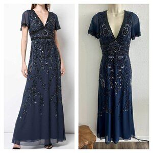 Aidan Mattox 4 Navy Chiffon Beaded Evening Gown Plunge Flutter Sleeve Black Tie